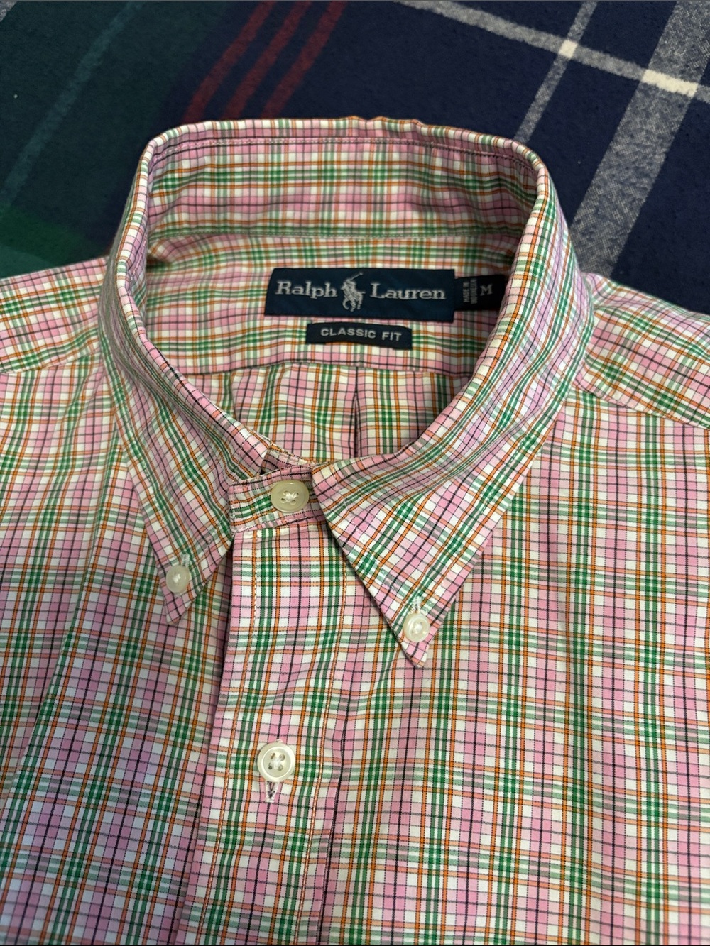 Ralph Lauren Pink Green Orange Plaid Button-Down Shirt. Short sleeve